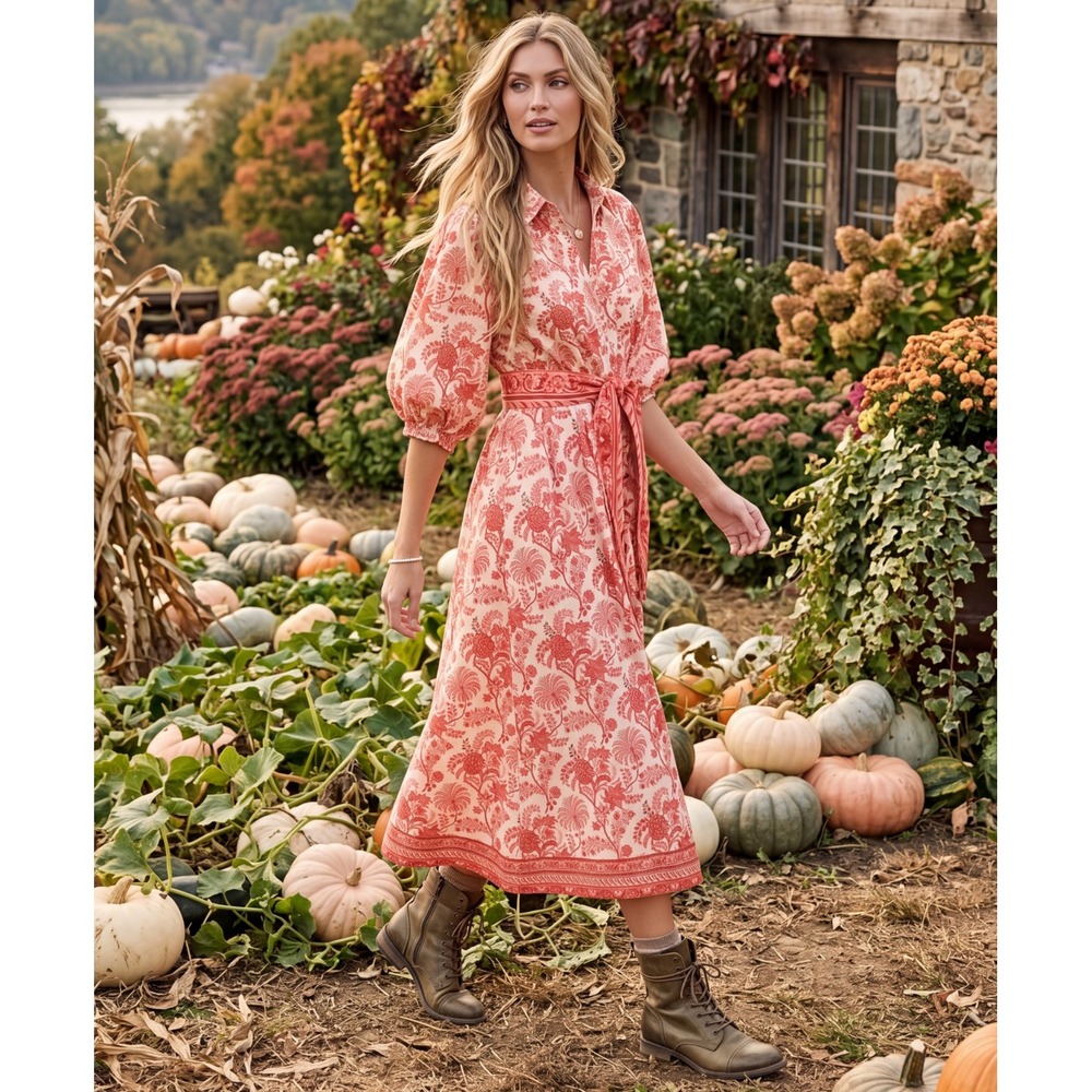 Trish Scully Bryson Maxi Shirtdress Dress Puff Sleeve Coral Toile Womens Large